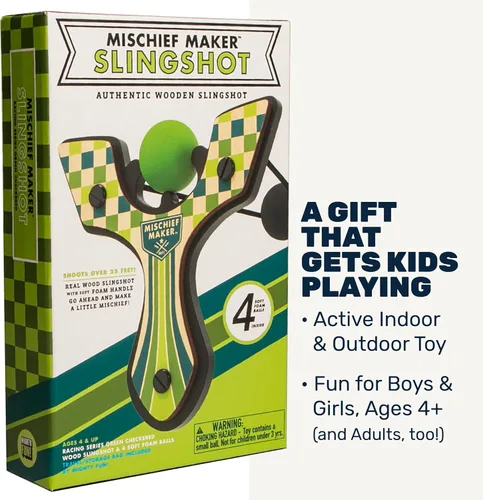Vista 7 de Tirachinas de madera Mischief Maker® - Serie Racing - Tirachinas de madera real para niños, 4 bolas de espuma suave y bolsa de almacenamiento - A