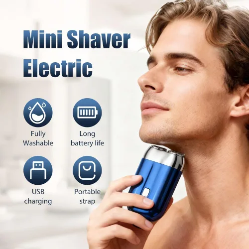Vista 7 de Mini maquinilla de afeitar eléctrica portátil, modelo 2 en 1, mini afeitadora eléctrica de doble cabeza, recargable, impermeable, compacta, para Azul