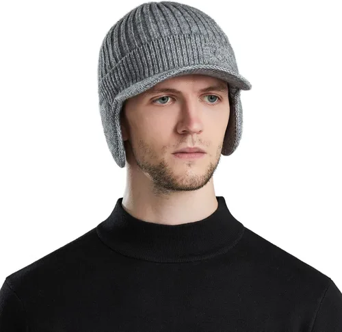 Vista 6 de Muryobao Gorro de invierno para hombre, con forro polar, con visera, orejeras cálidas, gorra de esquí