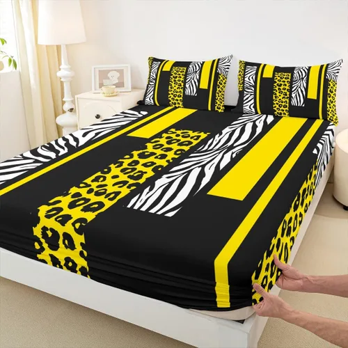 Vista 12 de Sábana bajera ajustable con estampado de leopardo, tamaño individual, juego de ropa de cama rústica con rayas de piel de cebra, decoración