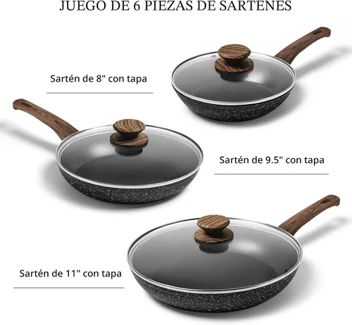 Vista 7 de Juego de sartén – 3 sartenes antiadherentes con tapas, sin PFOA, compatible con inducción, color negro