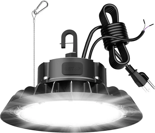 Vista 16 de UFO - Luz LED de alta bahía de 100 W, luces LED de alta bahía de 14,000LM, 0-10 V, regulable, cable de 6 pies con enchufe estadounidense, gancho