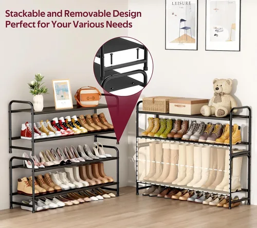 Vista 4 de SLEEPING LAMB Organizador de Zapatos Largo de 2 Niveles para Clóset, Estante de Zapatos Ancho Apilable Sostiene 18 Pares, Estante Bajo de Negro