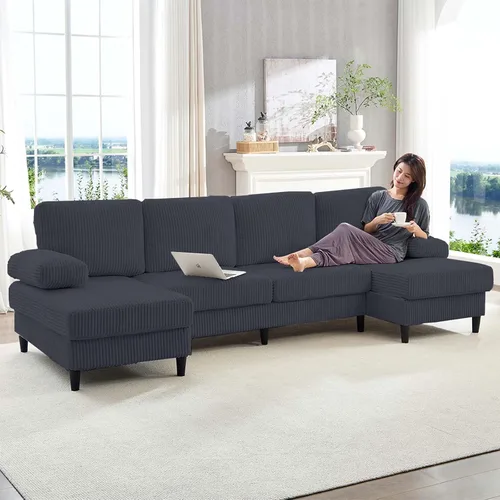 Vista 12 de Mjkone Sofá modular extragrande en forma de U de 110 pulgadas de ancho, juego de sofá de pana de 4 plazas con diván doble, sofá cama tapizado