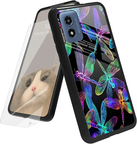 Vista 89 de Funda para Motorola Moto G Play 4G 2024 con protector de pantalla, parte trasera de vidrio templado + funda de silicona suave TPU absorción