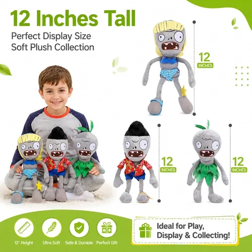 Vista 3 de Dyharnsty Juego de 3 bonitos juguetes de peluche de zombi, muñeca de peluche de PVZ para niños, grandes regalos para niños y fanáticos