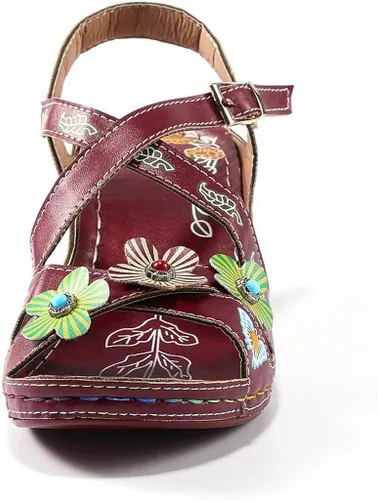 Vista 7 de ZiSUGP Sandalias de tacón bajo con correa al tobillo para mujer, estilo retro, con diseño de flores, de tacón bajo, para verano, bohemias, Rojo, 8