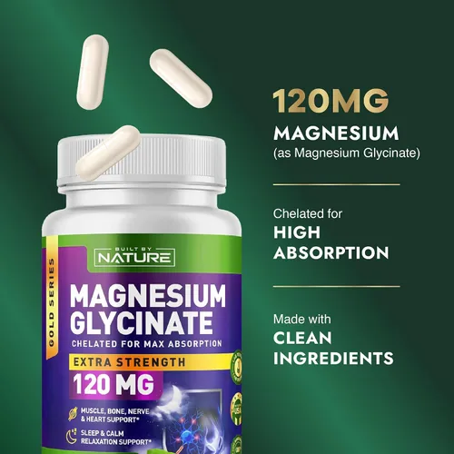 Vista 3 de Built By Nature Glicinato de magnesio - Quelatado para una alta absorción - Suplemento para apoyar el sueño, la salud muscular, cardíaca y nerviosa