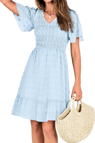 Vista 8 de BTFBM - Vestido de vacaciones en la playa para mujer, cuello en V, manga corta, fruncido, plumetí, casual, con volantes,vestidos cortos