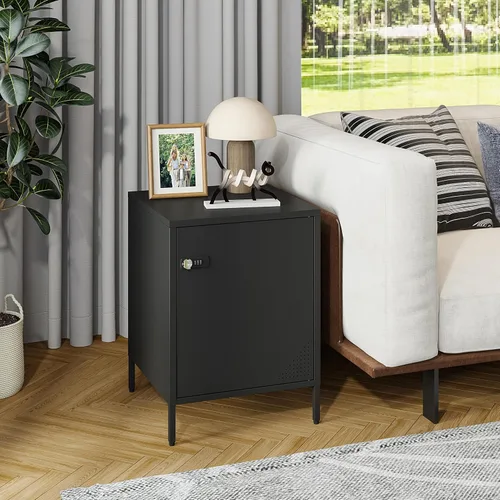 Vista 2 de Steehoom Mesita de noche con cerradura y estante ajustable, armario con cerradura para dormitorio, mesita de noche de metal con cerradura