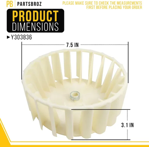 Vista 2 de PartsBroz Y303836 Rueda sopladora de secadora con abrazadera para Whirlpool Maytag Part AP4294048 PS2200270 303836 312913 3-12913 1245880 312913