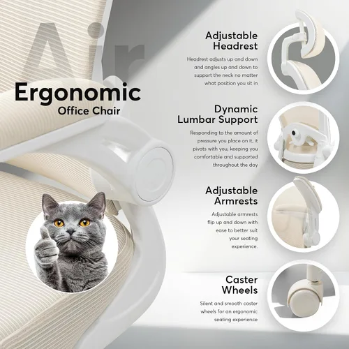 Vista 3 de Oline ErgoAir Silla de oficina ergonómica – Soporte lumbar ajustable, reposabrazos abatibles, silla de escritorio de malla para computadora, silla