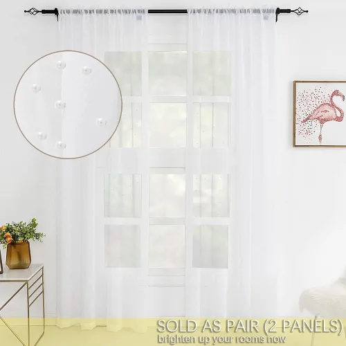 Vista 5 de Cortinas traslúcidas blancas de gasa con perlas blancas, paneles de tratamiento de ventanas, hermosas cortinas de gasa elegantes para sala de estar