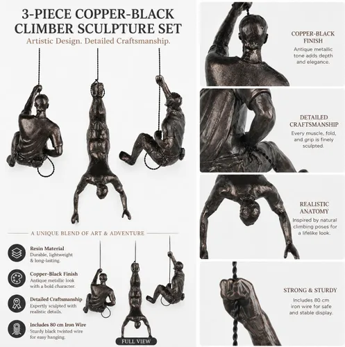 Vista 5 de Gran conjunto de 3 esculturas de pared de hombres escalando Arte decorativo de pared nórdica de simplicidad moderna, esculturas de hombre escalador