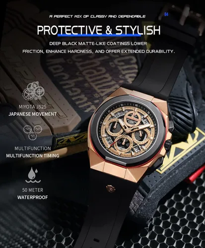 Vista 2 de Paras Crown Watch for Men Tonneau Waterproof Quartz Luxury Chronograph Analog Men's Wrist Watches