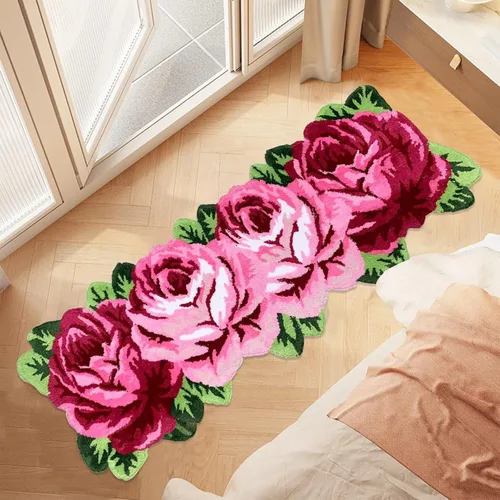Vista 29 de Alfombrilla Abreeze con 4 rosas, alfombrillas con diseño de flores azul, hecha a mano, antideslizante (no se desliza), alfombrilla moderna, de puede