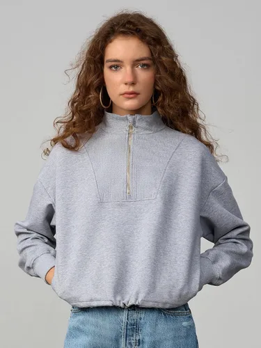 Vista 3 de SILKWORLD Sudadera corta con cremallera de un cuarto para mujer, manga larga, cuello alto, cordón ajustable, con bolsillos