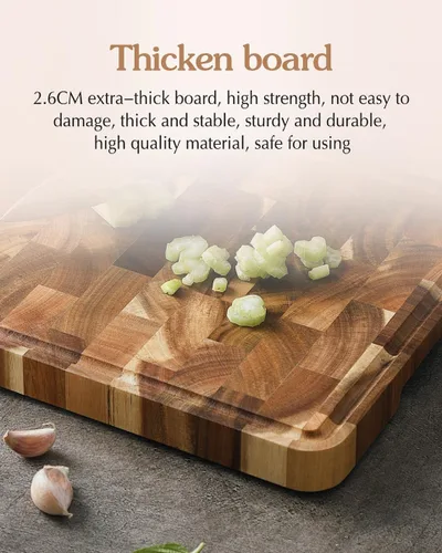 Vista 7 de XINZUO Tabla de Cortar de Madera de Acacia de Fibra Final (13.8''L x 9.8''A x 1''G) - Tabla de Cortar de Madera con Pies Antideslizantes, Asas