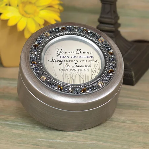 Vista 5 de Cottage Garden Braver Stronger & Smarter - Caja de música redonda de plata cepillada con joyas reproduce el mundo maravilloso