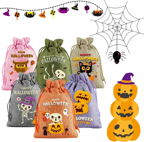 Vista 8 de HIPIHOM 24 bolsas de regalo con cordón de arpillera, bolsas de dulces para decoración de fiesta de Halloween