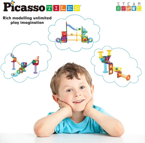 Vista 6 de PicassoTiles Carrera de Canicas Juego de 60 piezas, pista de carreras, bloques de construcción magnéticos, juguete educativo, kit de construcción