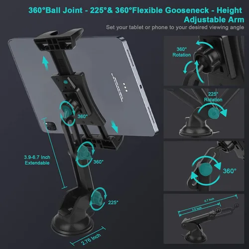 Vista 4 de Tablet Car Dashboard & Windshield Mount, Universal 360° Adjustable Window Dash Suction Cup Holder for iPad Pro 12.9/11/10.5/9.7/Air/Mini 6 5 4