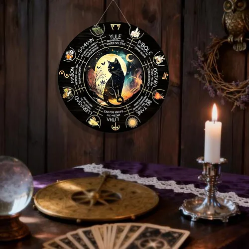 Vista 3 de Rueda del Año - Placa de madera de 30 cm, símbolos paganos de Sabbats, runas de brujas, tabla grabada en madera, vacaciones wiccanas, calendario