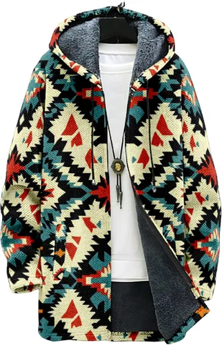 Vista 7 de Chaqueta de forro polar con capucha para hombre, con estampado azteca, de algodón pesado, con cremallera, manga larga, chaqueta con capucha