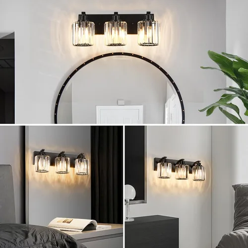 Vista 6 de 3 luces de cristal para tocador de baño, moderna lámpara de baño negra sobre espejo, luces de tocador para dormitorio, baño, pasillo, base E26