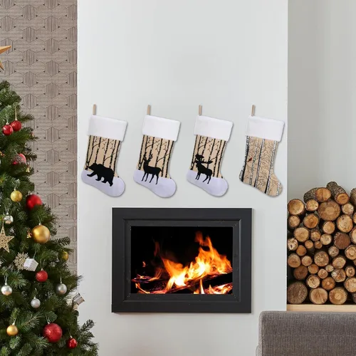 Vista 6 de Calcetín de Navidad rústico de arpillera de 20 pulgadas con diseño de cardenal, decoración de repisa de chimenea, cardenal rojo navideño Birch