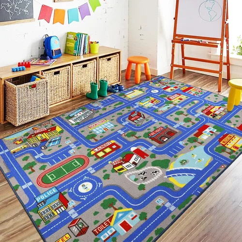 Vista 16 de Capslpad Alfombra Azul de Coche y Carretera para Niños, Alfombra de Juego para Sala de Juegos, Alfombra Antideslizante Lavable con Mapa de la Ciudad