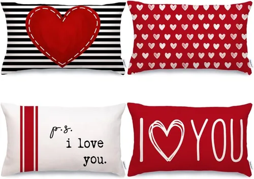 Vista 6 de GEEORY Juego de 4 fundas de almohada para el día de San Valentín de 18 x 18 pulgadas para decoración de San Valentín, diseño de rayas rosas