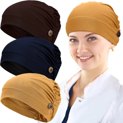 Vista 8 de Geyoga Gorras Bouffant con botones, unisex, elástica, turbante con botones para mujer, 3 piezas, Negro, Talla única