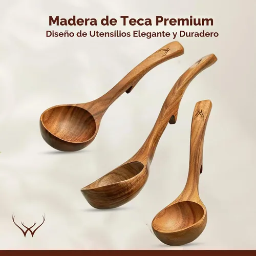 Vista 2 de Prime - Juego de cucharón de madera de teca con soporte para cuchara, cucharón de sopa grande y profundo con mango de gancho para cocinar, servir
