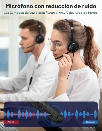 Vista 3 de Auriculares con cable con micrófono para PC, computadora portátil, auriculares USB con micrófono de cancelación de ruido, control en línea