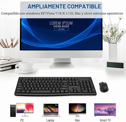 Vista 7 de EDJO - Combo de teclado y mouse inalámbricos para computadora, USB de 2.4 GHz, Plug & Play Full Size Layout,Quiet Keys,12 Multimedia Hotkeys,Auto