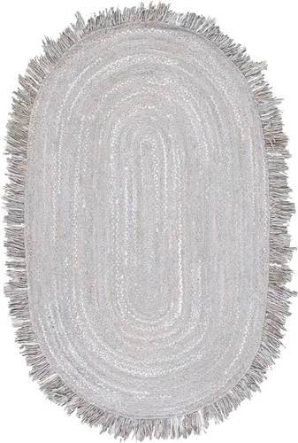 Vista 3 de SAFAVIEH Alfombra de la Colección Trenzada - 4' x 6' Ovalada, Gris Claro, Hecha a Mano Boho con Flecos de Algodón Reversible, Ideal para Áreas