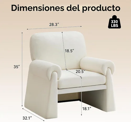 Vista 2 de Silla decorativa de gran tamaño, cómodas sillas de sala de estar, sofá individual con cojín grueso y reposabrazos, sillón tapizado para sala de Beige