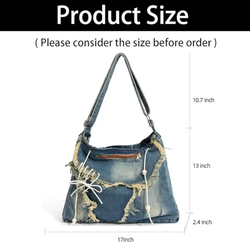 Vista 2 de Ruofuna Bolso cruzado de mezclilla grande vintage para mujer, bolso de hombro con cremallera, bolso de mensajero casual para la escuela