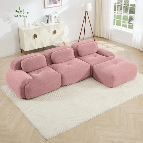Vista 117 de Sofá moderno comprimido sin armazón de 116", sofás seccionales de 3 plazas para sala de estar, sofá seccional modular de pana verde nube, espuma
