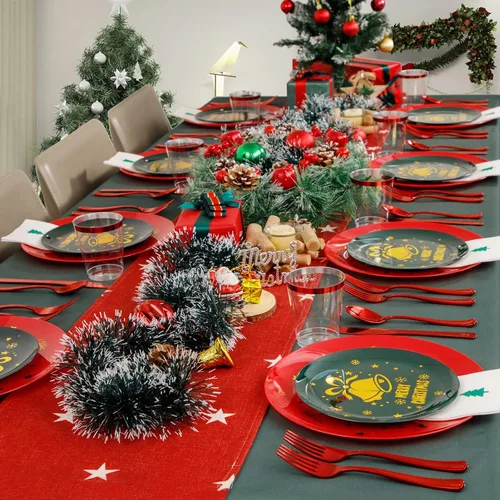 Vista 6 de WDF 175 piezas de platos de Navidad de plástico desechables - 25 platos verdes, 25 platos rojos con campanas doradas, 75 cubiertos de plástico