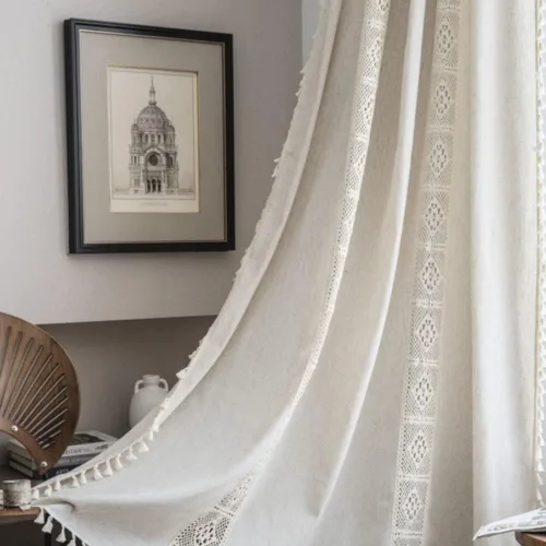 Vista 8 de AMZALI Cortinas texturizadas de lino y algodón con borlas, cortinas semiopacas para ventana, paneles de cortina con bolsillo para barra, cortina