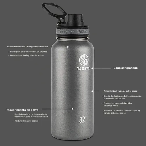 Vista 4 de Takeya Originals - Botella de agua de acero inoxidable con aislamiento al vacío de 18 onzas con tapa de boquilla, negra Negro