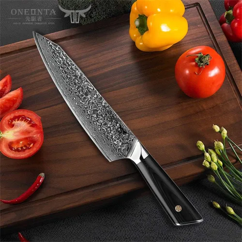 Vista 4 de ONEONTA Cuchillo de chef japonés de 8 pulgadas, cuchillo de cocina de Damasco profesional, acero japonés AUS-10V, mango G10, 67 capas