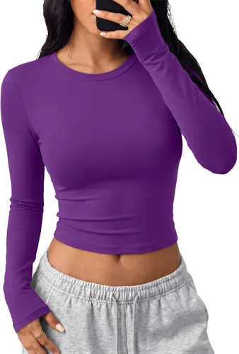 Vista 39 de Trendy Queen Camisetas cortas de manga larga para mujer, camisetas básicas Blanco