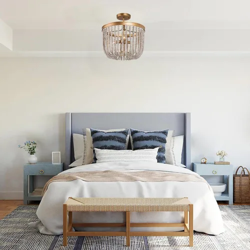 Vista 3 de Lámpara de techo con cuentas de madera, estilo bohemio, semiempotrada, lámpara de techo de 3 luces doradas para dormitorio, pasillo, cocina