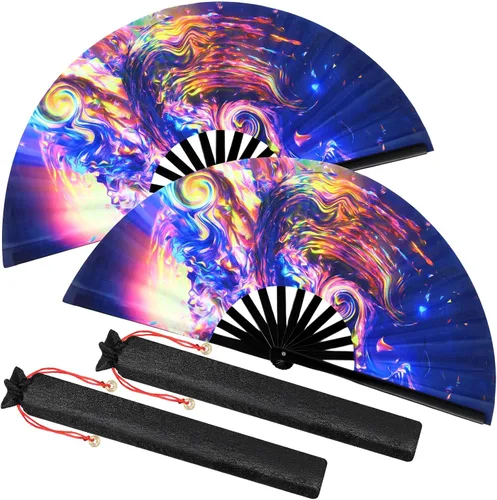 Vista 13 de Boao - 2 ventiladores plegables grandes para baile de línea, neón, ventilador de mano, ventilador de mano con sonido fuerte, ventilador de seda