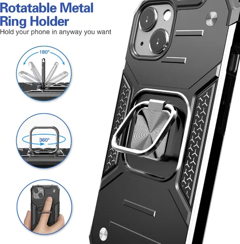 Vista 3 de Funda delgada para iPhone 13 / iPhone 14 con protector de pantalla, absorción de golpes, resistente a prueba de caídas, con soporte de automóvil