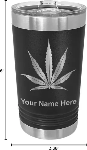 Vista 5 de LaserGram Vaso de pinta aislado al vacío de 16 onzas, hoja de marihuana, grabado personalizado incluido (negro)