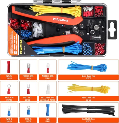 Vista 7 de ValueMax Juego de herramientas para pelacables de 266 piezas, herramienta automática autoajustable de 8 pulgadas para AWG 10-24, pelacables